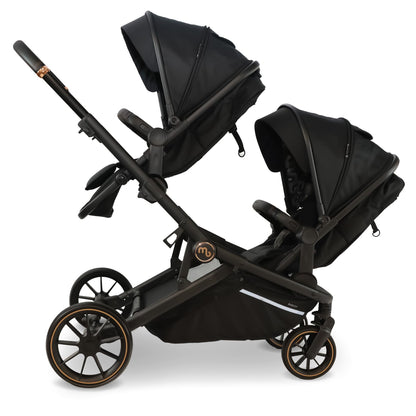 My Babiie MB33 Tandem Pushchair – Birth to 15kg Double Stroller, Twin Seat Units Convert to Carrycot, 11 Configurations, Duo Includes Car Seat Adapters, Rain Covers – Black Leopard