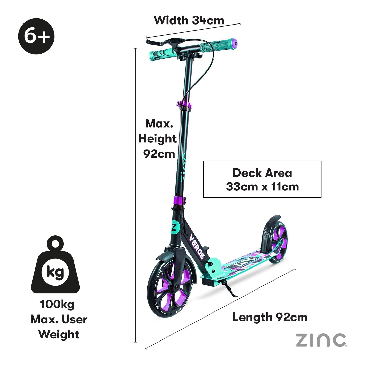 Zinc Verge Pro Kids Scooter – Big Wheel Kick Scooter for Ages 6+, Foldable 2-Wheel Scooter with 200mm Wheels, Lightweight, Height Adjustable, Rear Footbrake, Supports up to 100kg, Black & Green