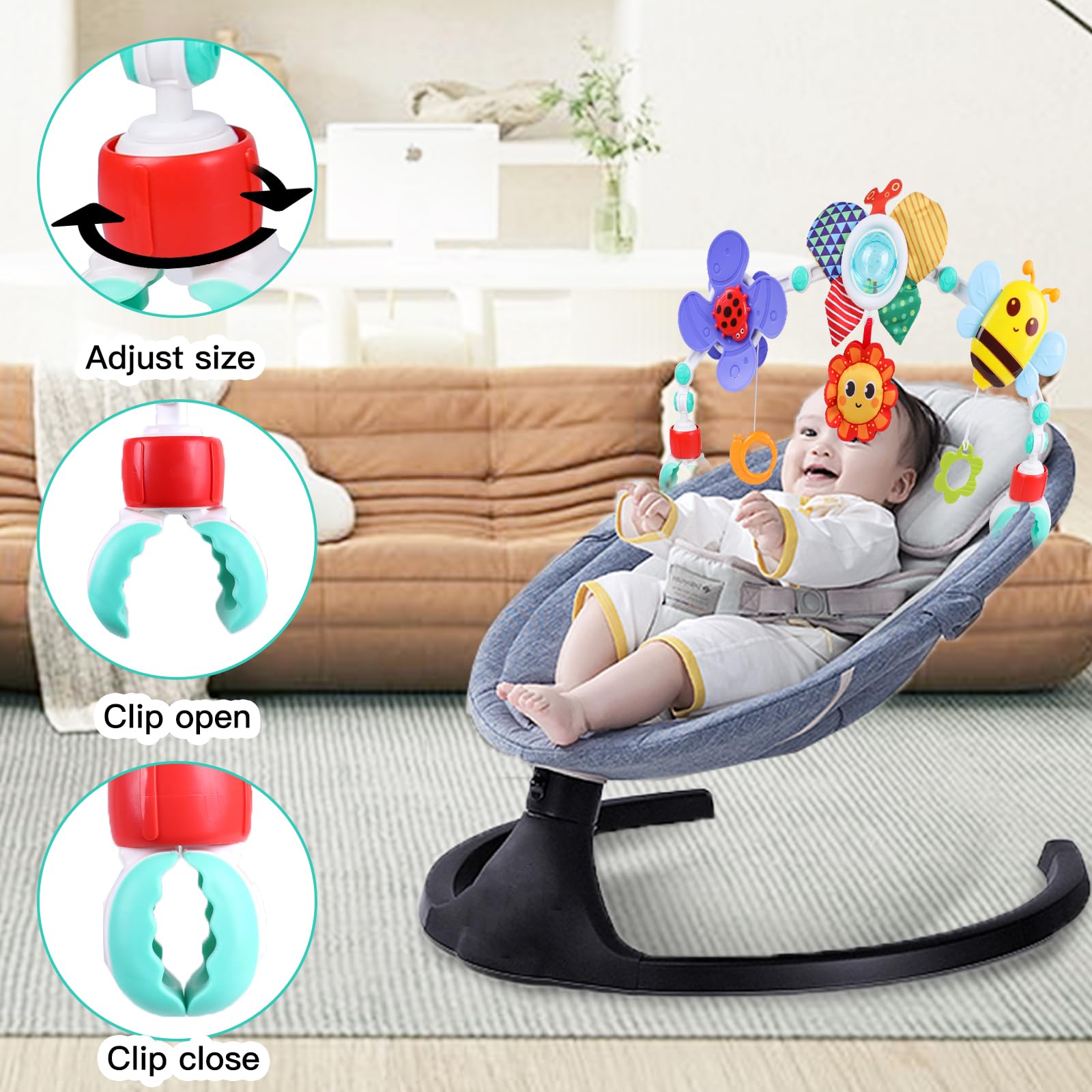 Baby play arch crib toy by DigHealth with hanging rattles, foldable design, suitable for newborns and toddlers in strollers and car seats.