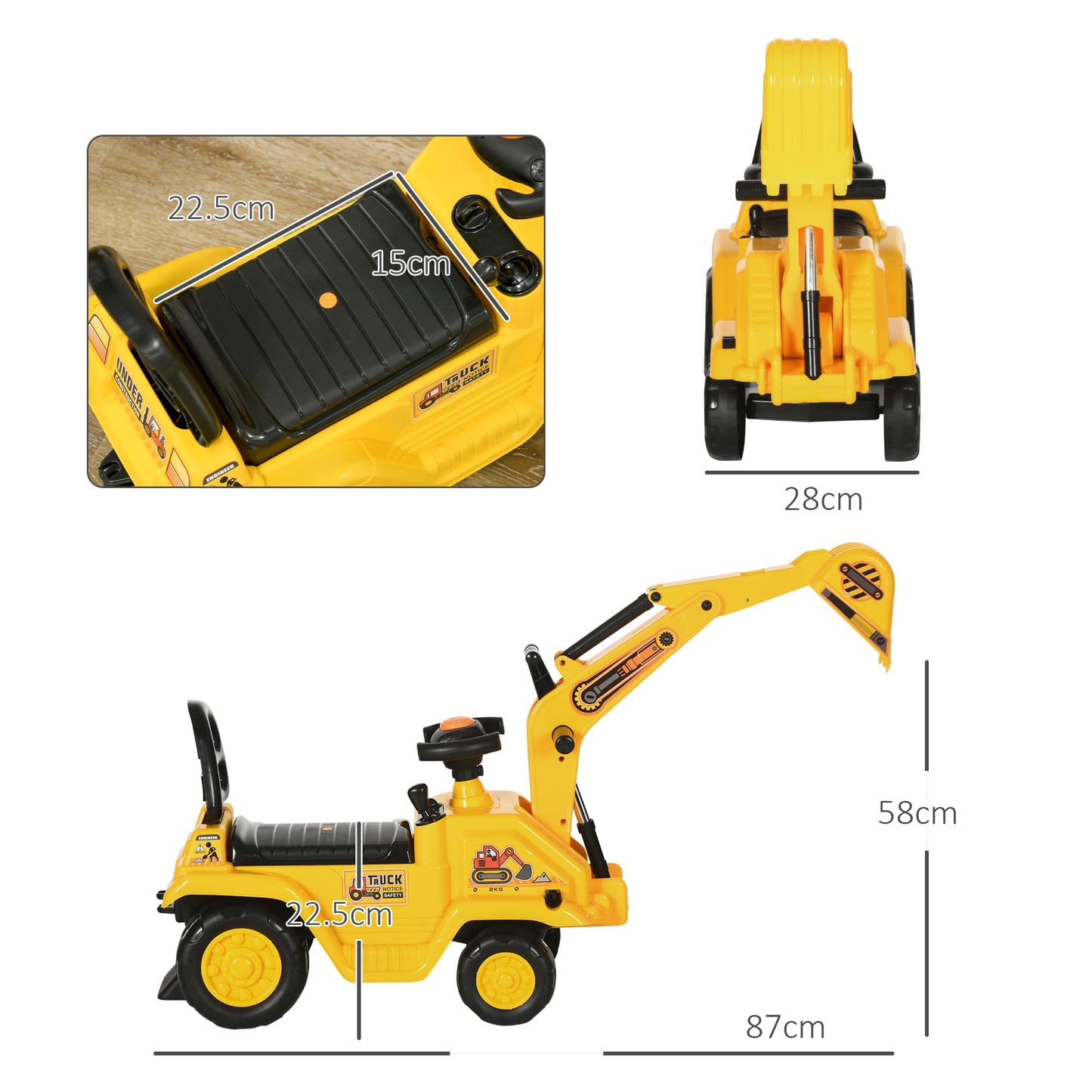 HOMCOM Ride On Tractor, 2 in 1 Kids Ride On Digger Pull Cart with Bucket, Under Seat Storage, Horn, High Backrest, Ride On Toy for 1.5-4 Years, Yellow
