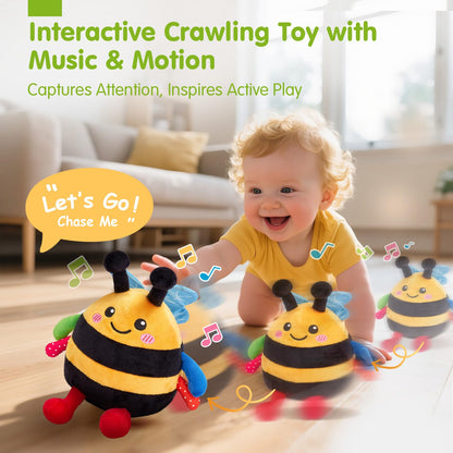 hahaland 4-IN-1 Dancing Bee Baby Toys 6 to 12 Months Boys & Girls Montessori Plush Interactive Sensory Tummy Time Toys, Musical Crawling Walking and Speaking Learning Gifts