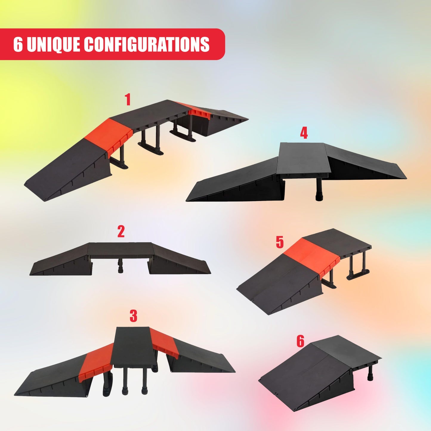 The Magic Toy Shop Skate Ramp Set - 6 Assembly Variations, Red & Black, Anti Slip, Modular & T-Lock System, Easy Setup - Outdoor Adventure for Kids with Bikes, Scooters, Skateboards, RC Cars