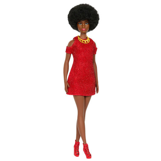 Barbie Fashionistas Doll #221 with natural black hair in a removable red dress and accessories, celebrating 65th anniversary.