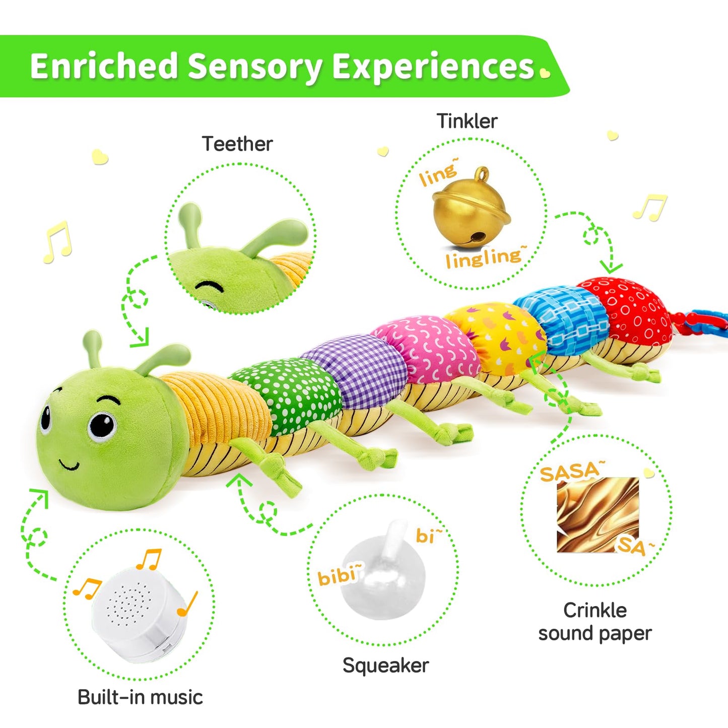 Accevo baby musical multi-sensory caterpillar plush toy with crinkle, rattles, and textured fabric for tummy time, suitable for newborns.
