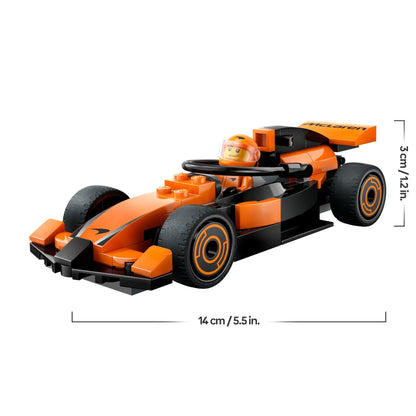 LEGO City F1 Driver minifigure with McLaren race car, perfect for kids and adult motorsport fans, showcasing vibrant details.