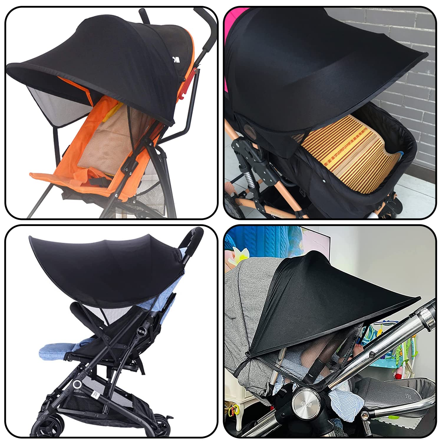 Black Esteopt baby pram sun shade cover with UPF50+, foldable, breathable stroller sunshade and bug guard for pushchair or buggy.
