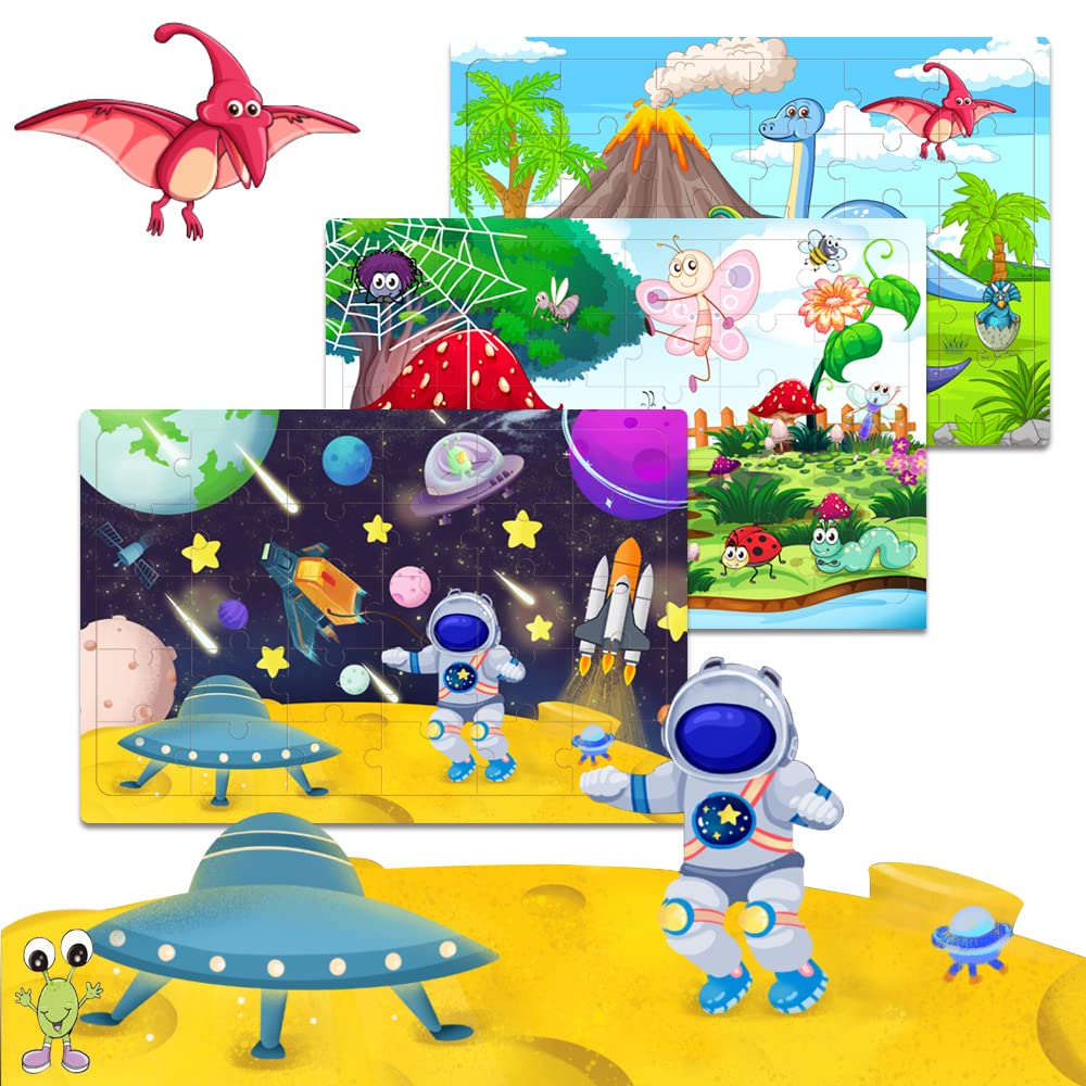 Wooden Jigsaw Puzzles for Kids 3-6 Year Olds -Space Dinosaur Animals 30 Piece Puzzle Toys -Toddler Children Learning Educational Puzzle Toys for Set for Kids 3 4 5 6 Year Old(4 Puzzles)