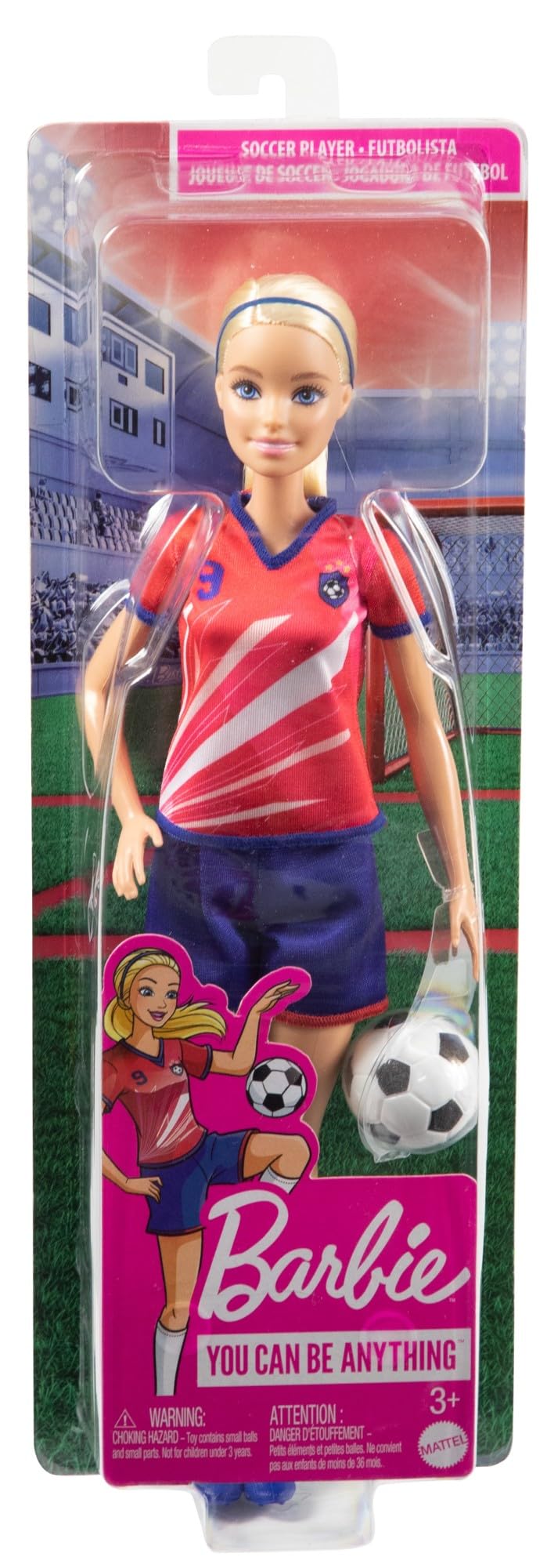 Barbie Careers soccer player doll with blonde ponytail, #9 uniform, tall socks, cleats, and soccer ball.