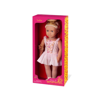 18-inch Our Generation Sugar Plum Fairy Doll with blue eyes, blonde hair, pink ballet dress, tiara, and wand accessories.