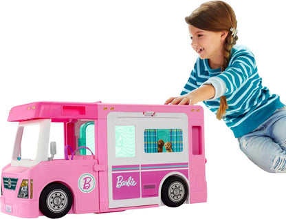 Barbie 3-in-1 Dream Camper doll playset with accessories, transforming into truck, boat, and house, includes pool and interactive features.