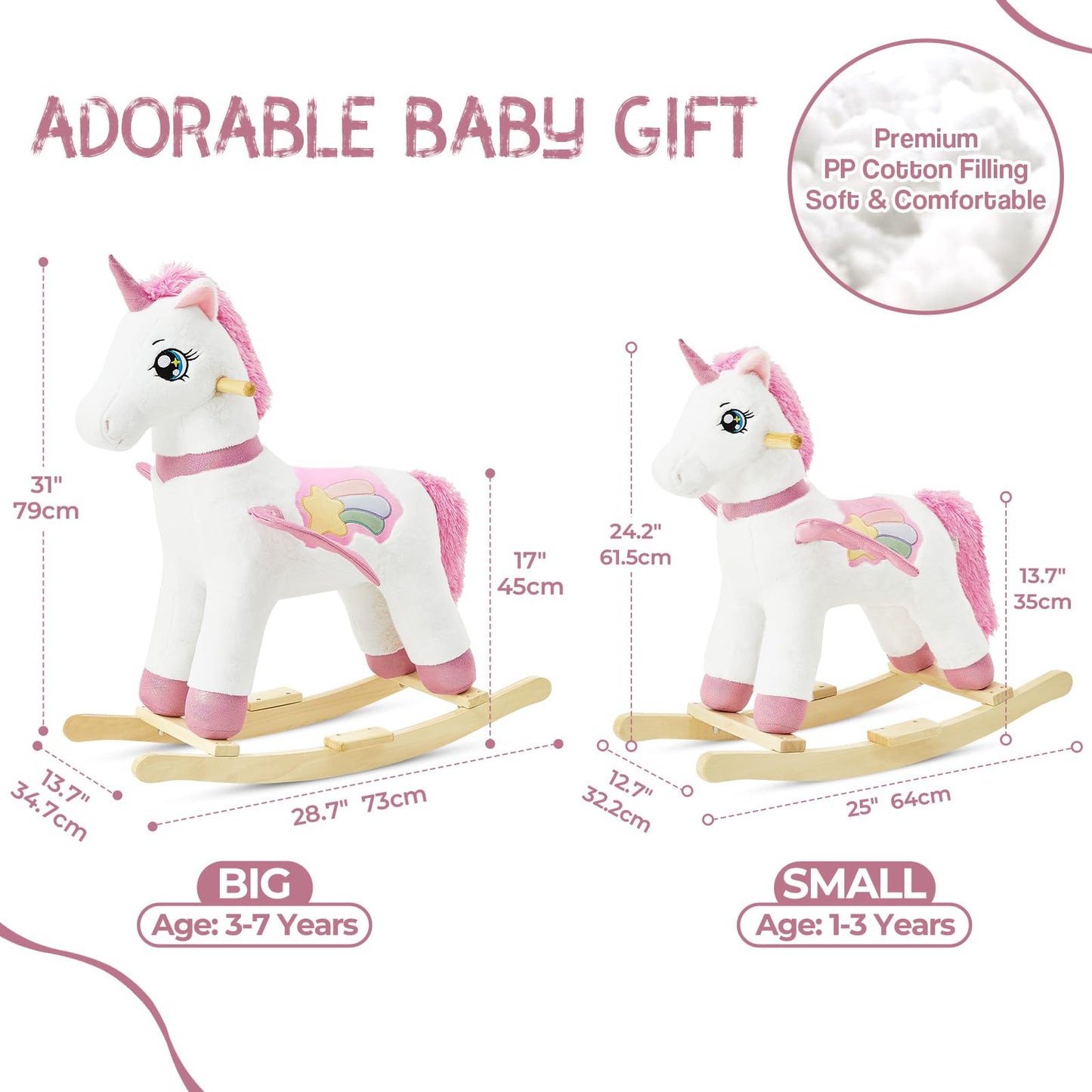 FUNLIO Unicorn Baby Rocking Horse, Rainbow Fairy Unicorn Rocking Horse for Toddlers 1-3 Years, Stuffed Ride-on Animal Rocker, Easy to Assemble, CPC & CE Certified-Small