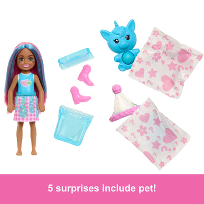 Barbie Chelsea Pop Reveal Doll Set, Shakes Series with 5 Surprises Including Scented Small Doll, Pop-It Pet & Color Change (Styles May Vary), JCN89