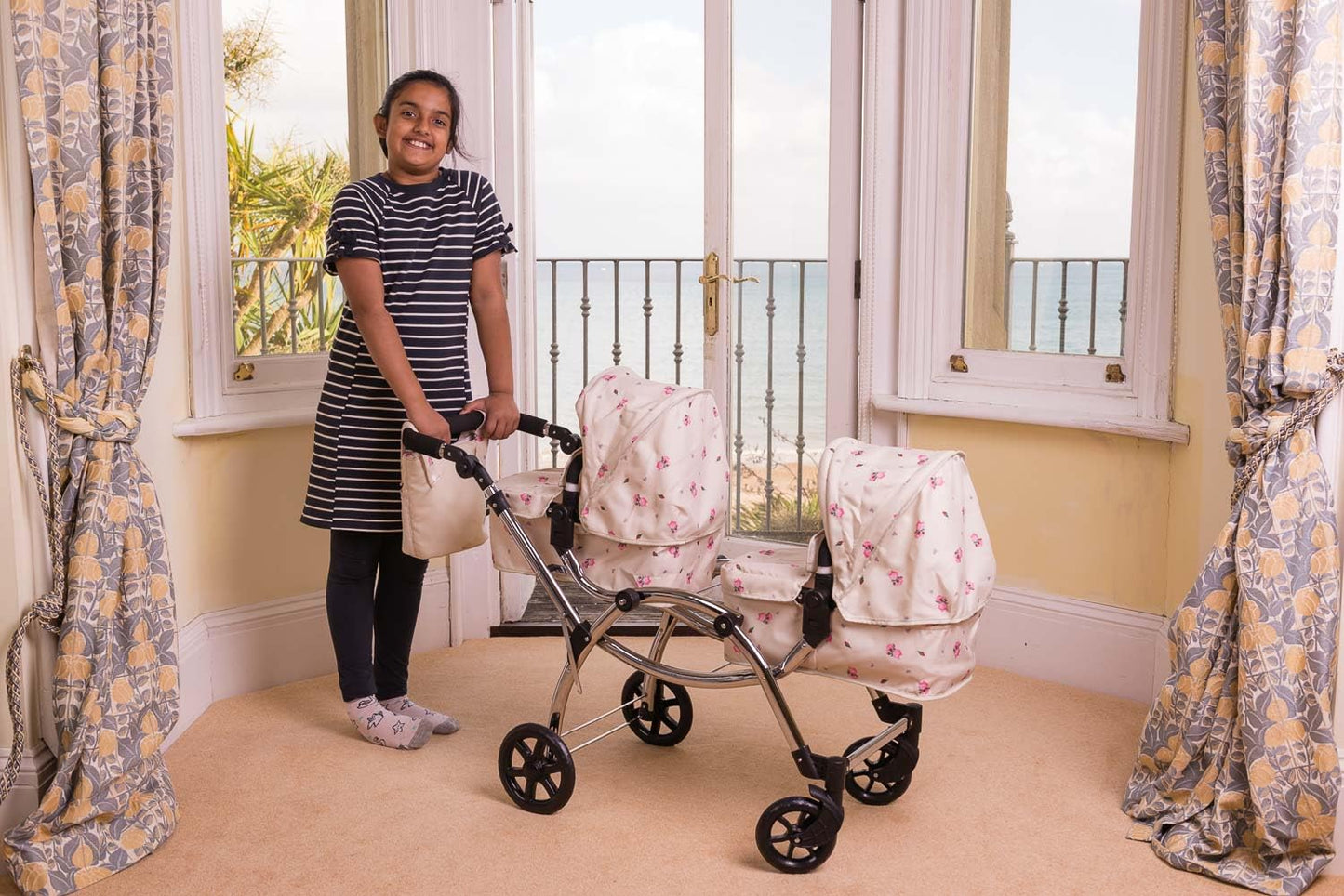 Roma Darcie Twin Cream Dolls Pram - Adjustable Handle Dolls Pushchair for Reborn Dolls, Double Dolls Pram with 16 Combinations, Bag & Shopping Basket - Ideal for Ages 3-16