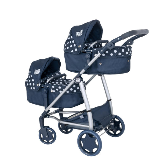 Dolly Tots Twin Pushchair | Navy Polka Dot Double Pushchair | Double Dolls Pram with Adjustable Height Handle And Multiple Seat Options | Foldable Childrens Dolls Pram | Suitable For Ages 3+