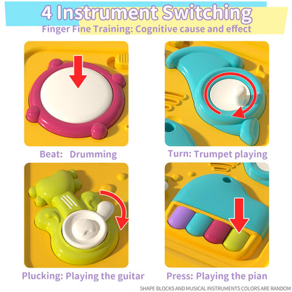 Imagibox 6-in-1 activity cube for babies with shape sorter, music busy board, pop-up bubbles, and sensory features for ages 6-12 months.