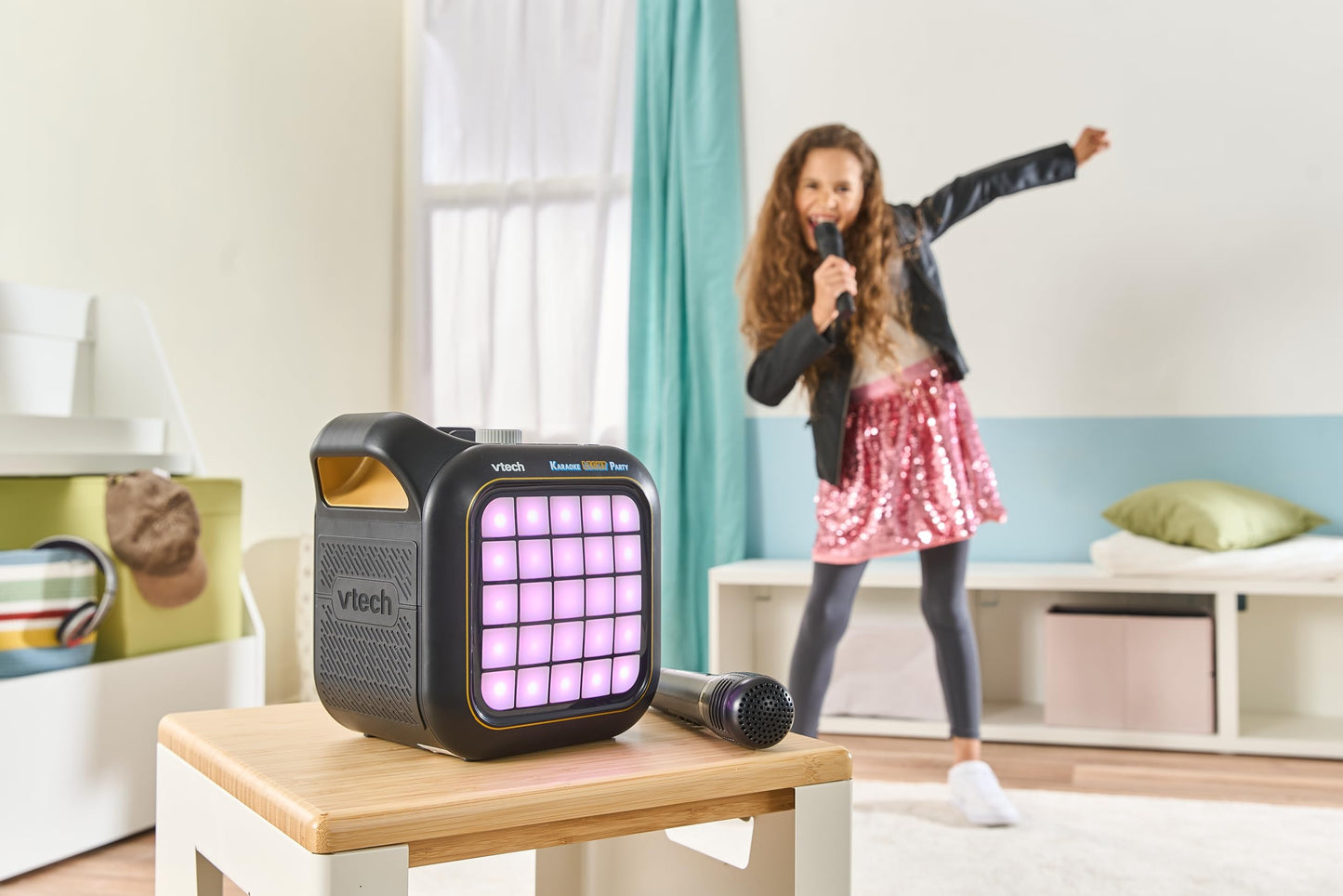 VTech Karaoke Light Party machine with two wireless microphones, Bluetooth speaker, colorful light show, and game features.