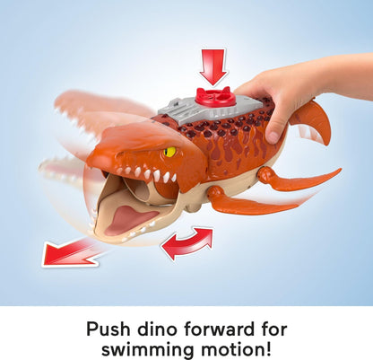 Fisher-Price Imaginext Jurassic World Rebirth Aquachomp Chase Mosasaurus dinosaur toy with launcher boat, 3-inch action figure, and projectiles