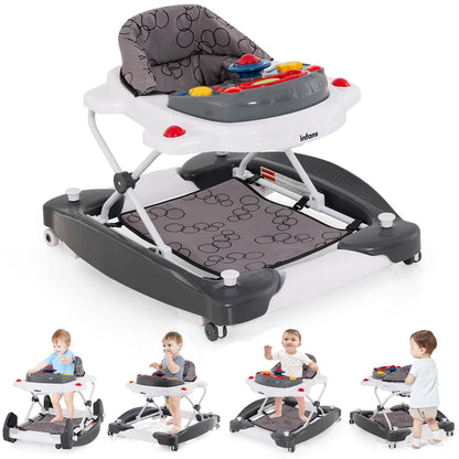 INFANS 5-in-1 baby walker with removable music tray, adjustable height, washable seat, and foldable activity center for toddlers in grey