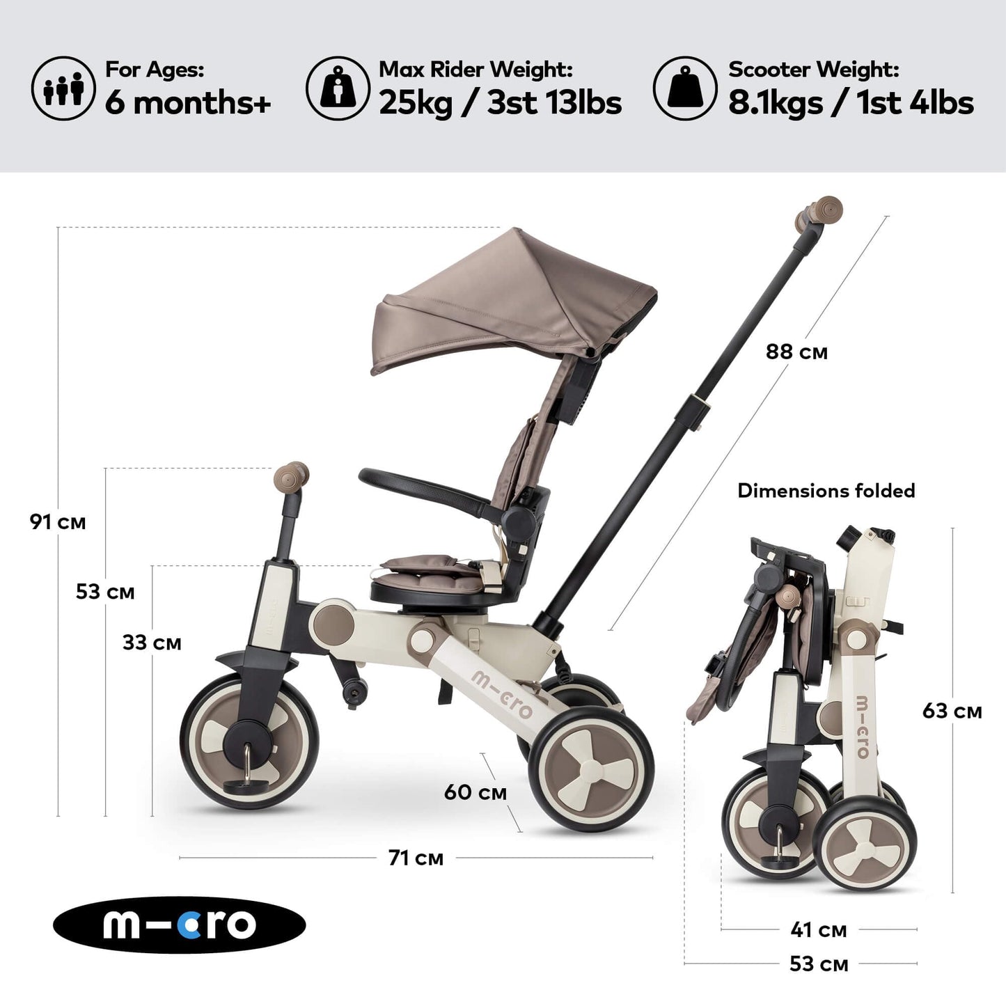 FlexiTrike foldable toddler tricycle in latte brown with parent handle and 360-degree rotation, suitable for ages 6 months and up.
