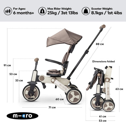 FlexiTrike foldable toddler tricycle in latte brown with parent handle and 360-degree rotation, suitable for ages 6 months and up.