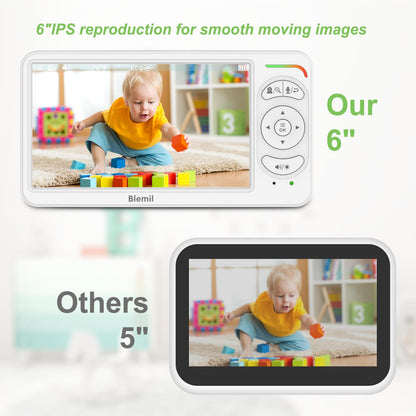 Blemil BabyMonitor with 6-inch IPS screen, baby camera with night vision, 2-way talk, battery, eco mode, portable travel monitor