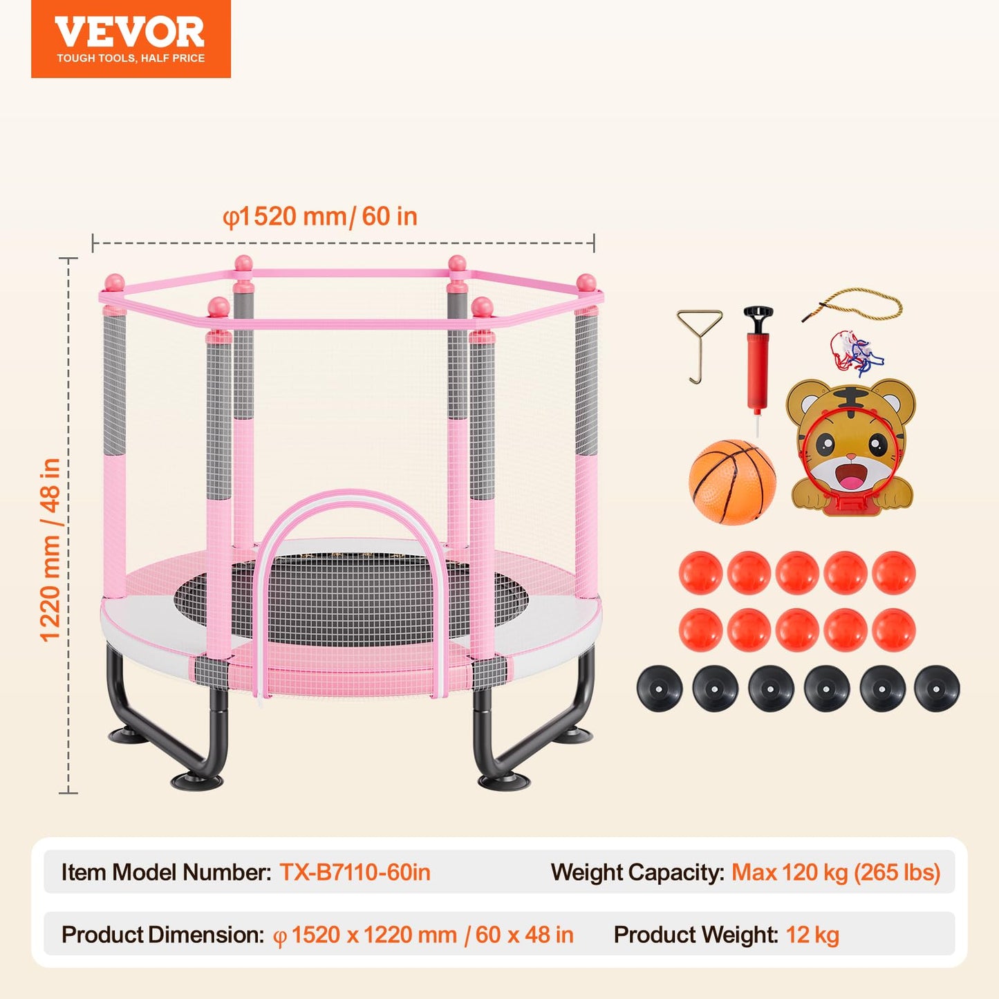 VEVOR 60" Kids Trampoline, 5FT Indoor Outdoor Trampoline, Mini Toddler Recreational Trampolinewith Safety Enclosure Net and Basketball Hoop, Birthday Gifts Christmas Toys for 3+ Years Children, Pink