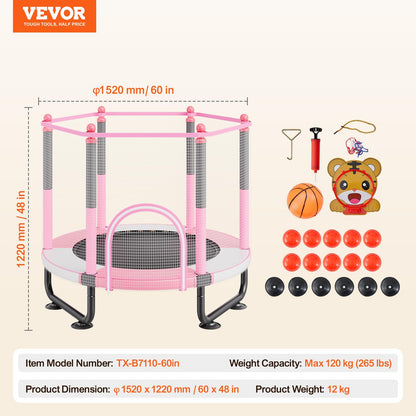 VEVOR 60" Kids Trampoline, 5FT Indoor Outdoor Trampoline, Mini Toddler Recreational Trampolinewith Safety Enclosure Net and Basketball Hoop, Birthday Gifts Christmas Toys for 3+ Years Children, Pink