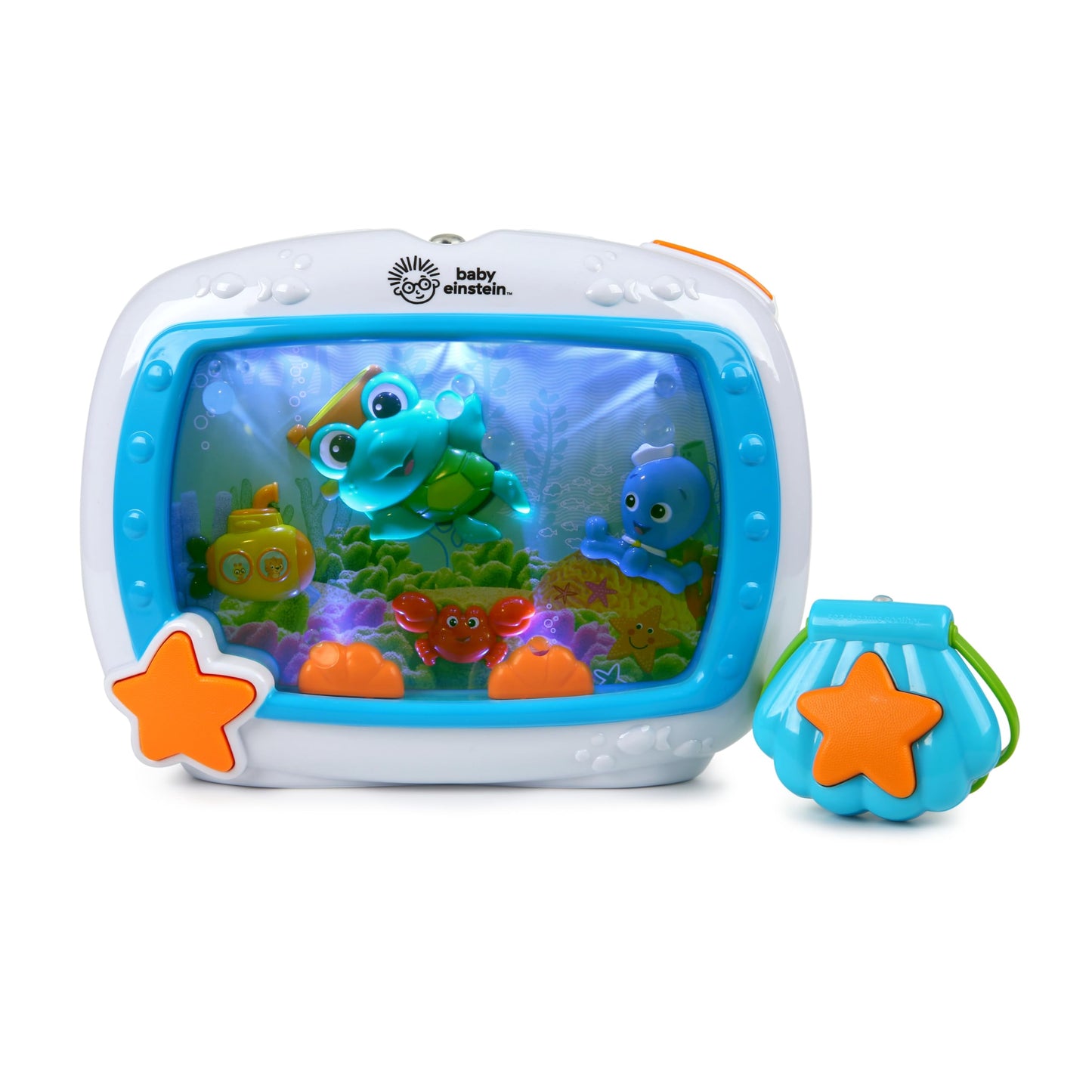 Baby Einstein Sea Dreams Soother crib toy with remote, calming lights and melodies for newborns and babies.
