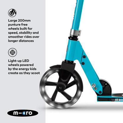 Micro Cruiser LED children's scooter in aqua with adjustable handlebar, light-up wheels, and foldable design for ages 5-12.
