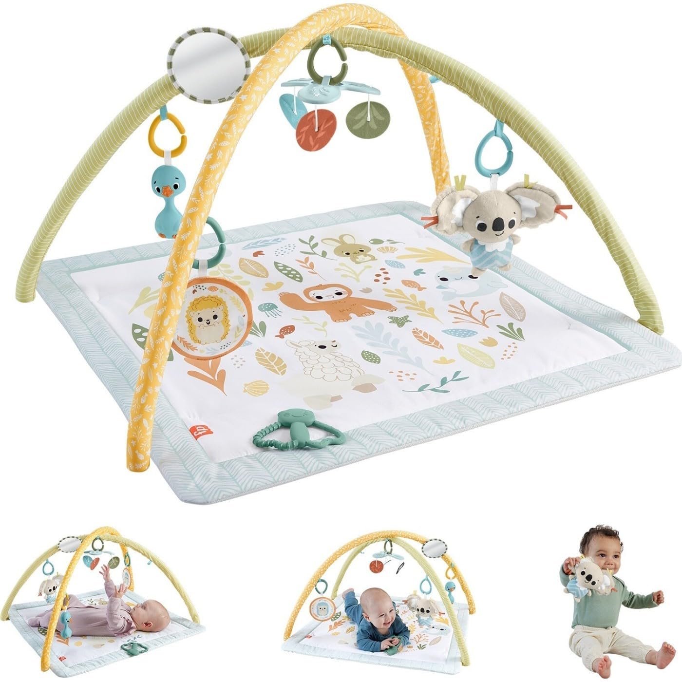 Fisher-Price Baby Playmat Simply Senses newborn gym with colorful sensory toys, mobile, and soft mat for developmental play.