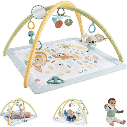 Fisher-Price Baby Playmat Simply Senses newborn gym with colorful sensory toys, mobile, and soft mat for developmental play.