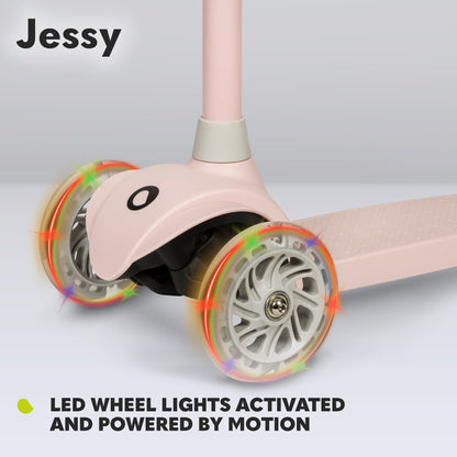LIONELO JESSY lightweight kids scooter with LED wheels, adjustable height, and non-slip platform for ages 3-5.