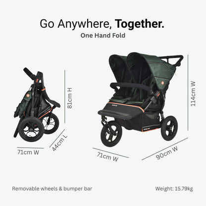 Out’n’About Nipper Double V6 Pushchair | Lightweight All-Terrain Twin Buggy with Raincover, 12” Air-Filled Wheels & Compact Fold | Side-by-Side Double Stroller for Newborn to Toddler - Summit Black