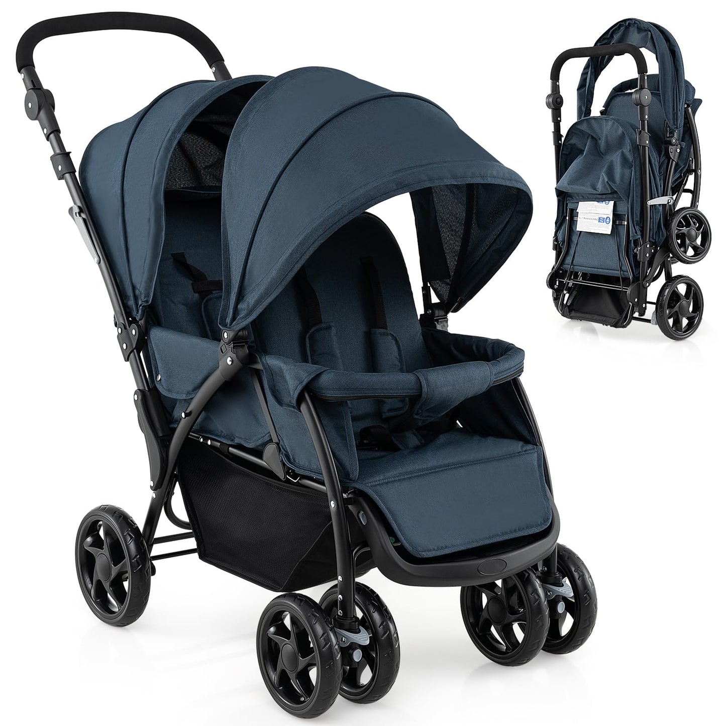 Foldable Twin Stroller, Double Baby Pushchair w/Multi-Level Backrest, Canopy, Handle & Footrest, Safety Belt & Brake System, Travel Tandem Seating Stroller w/Lockable Wheels (Dark Blue)