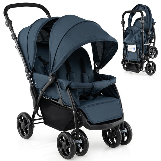 Foldable Twin Stroller, Double Baby Pushchair w/Multi-Level Backrest, Canopy, Handle & Footrest, Safety Belt & Brake System, Travel Tandem Seating Stroller w/Lockable Wheels (Dark Blue)