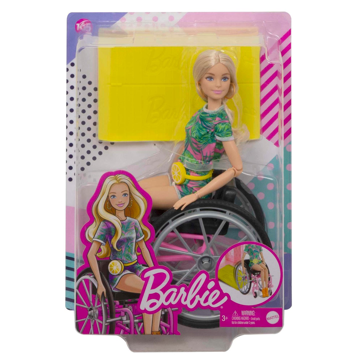 Barbie Fashionistas Doll #165 with long blonde hair, wheelchair, tropical romper, orange shoes, and lemon fanny pack.