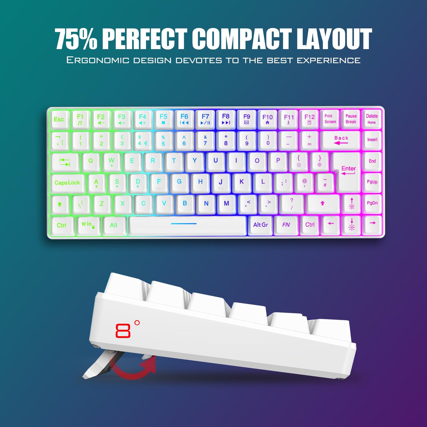 RedThunder K84 wireless gaming keyboard with rainbow backlight and 85-key TKL compact design, paired with honeycomb gaming mouse.