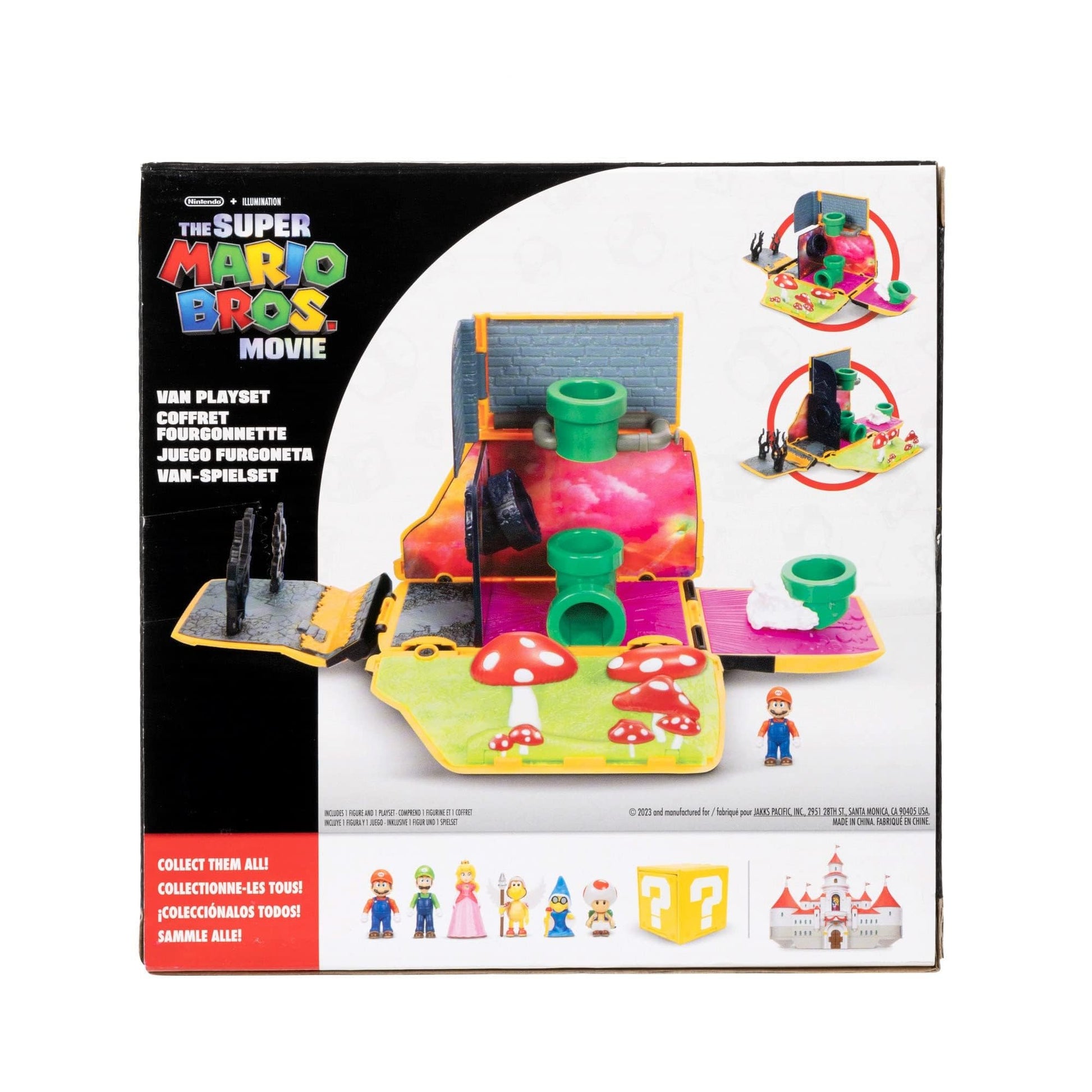 Super Mario Bros Movie van playset by Jakks Pacific featuring a transforming vehicle, Mario figure, warp pipe, and movie scene details.