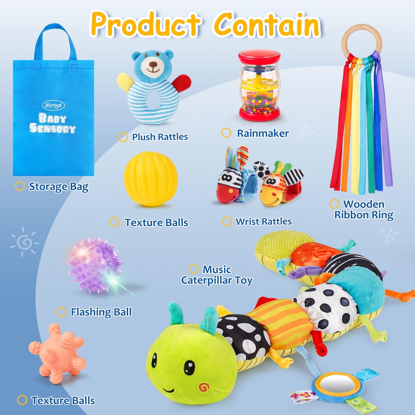 Joyreal baby sensory toys set featuring colorful rattles, musical caterpillar, and ribbons for newborn play and development.