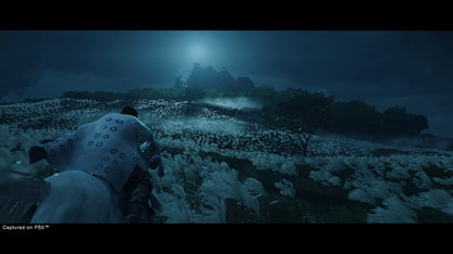 PlayStation Ghost of Tsushima Director's Cut game case for PS5 with cover art featuring samurai and landscape scene.