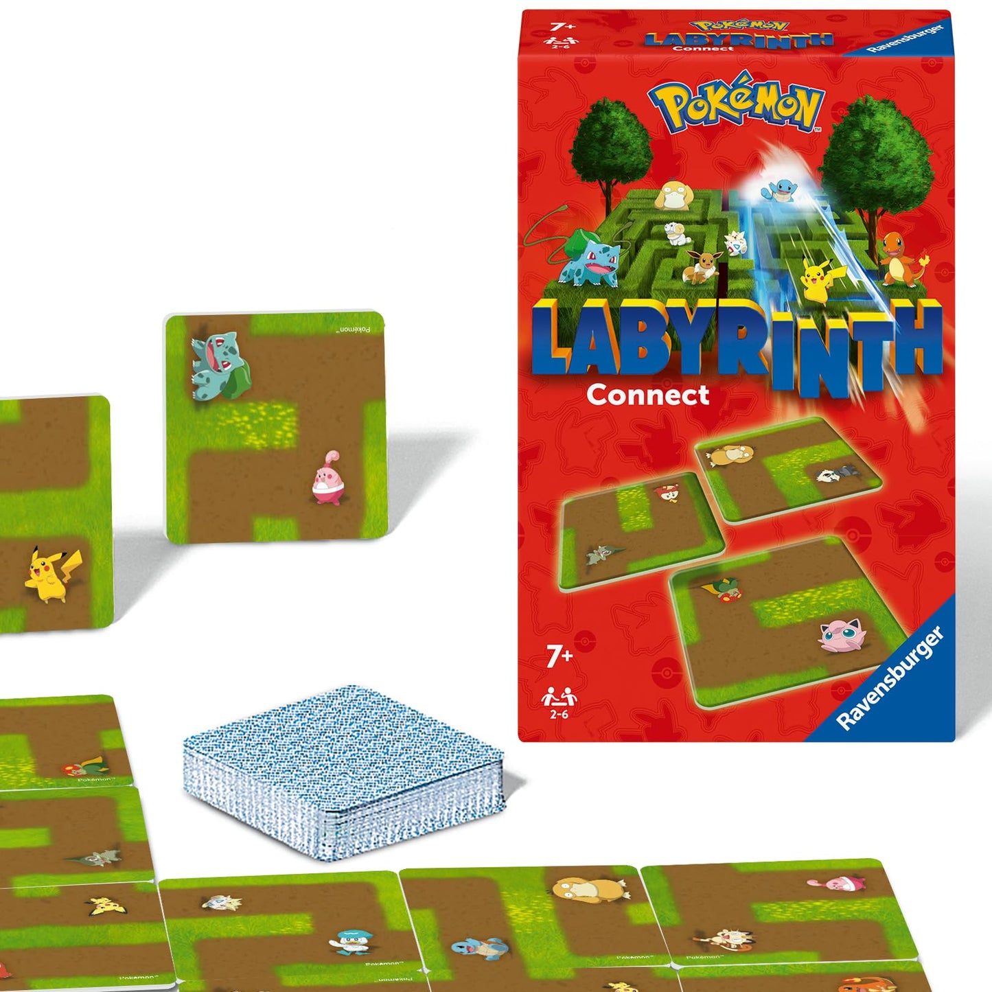 Ravensburger Pokemon Labyrinth Connect game showing colorful cards and a maze layout for family fun with 2 to 6 players.