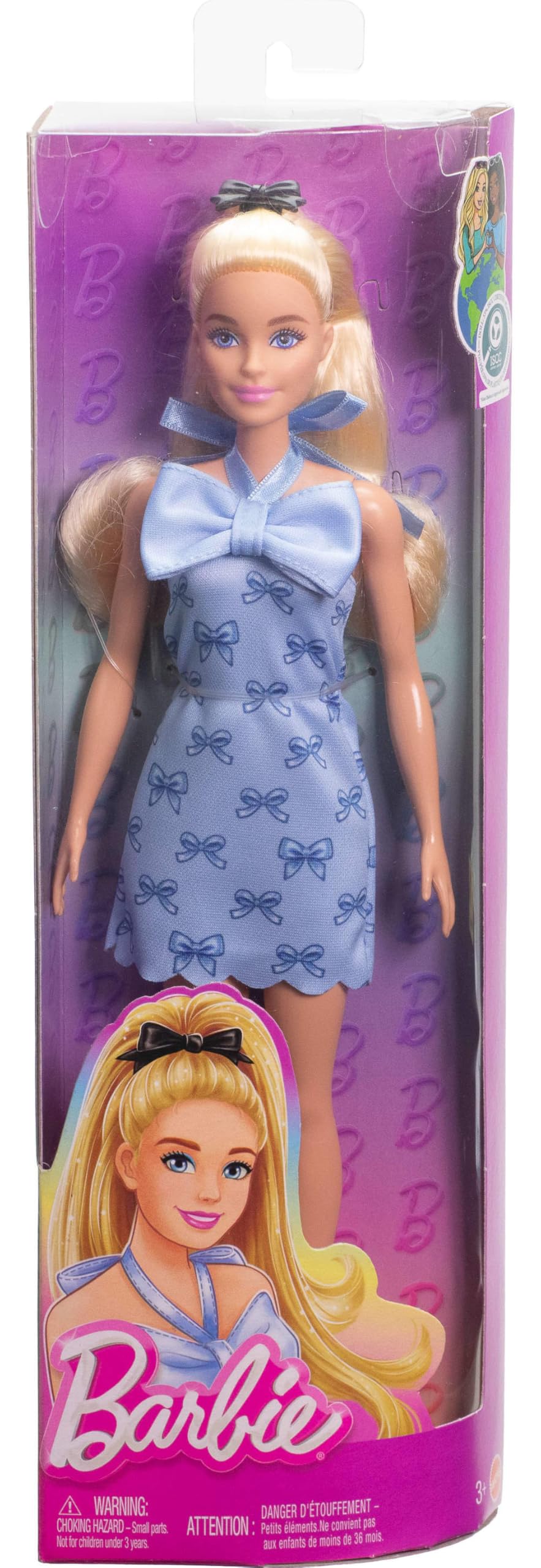 Barbie Fashionistas Doll #237 with wavy blonde ponytail in blue bow halter dress and matching blue heels.