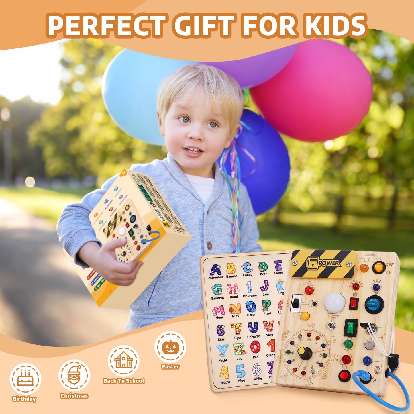 Konijiwa Busy Board Montessori Activity Board With 10 Switches and 23 LED Lights - Wooden Sensory Toy for Fine Motor Skills - for Babies and Toddlers 1-4 Years Old Boys and Girls