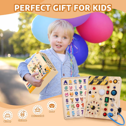 Konijiwa Busy Board Montessori Activity Board With 10 Switches and 23 LED Lights - Wooden Sensory Toy for Fine Motor Skills - for Babies and Toddlers 1-4 Years Old Boys and Girls
