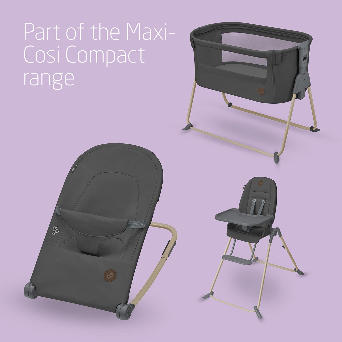 Maxi-Cosi Loa Baby Rocker in Beyond Graphite with ultra-compact fold, lightweight design, two recline positions, and recycled fabric.