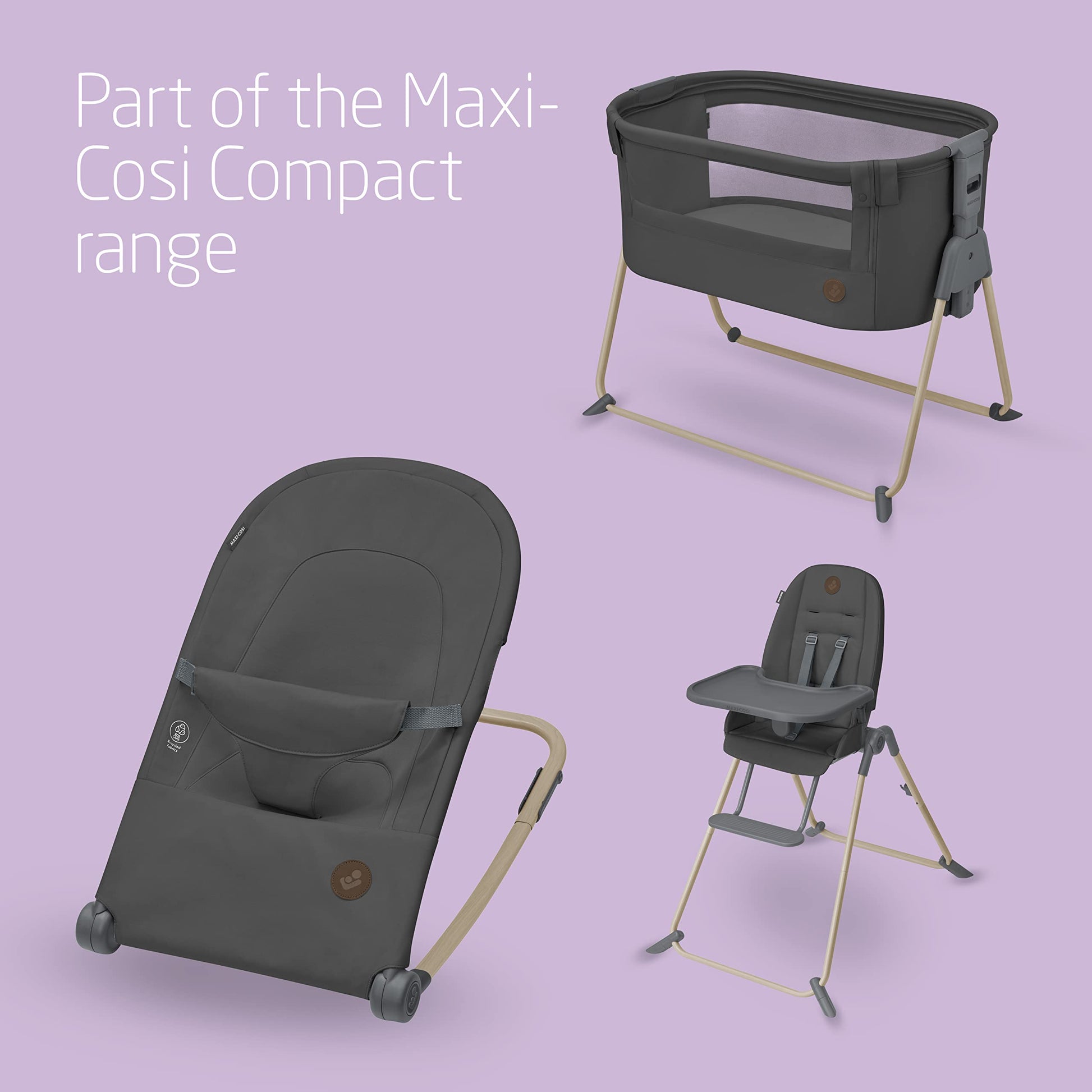 Maxi-Cosi Loa Baby Rocker in Beyond Graphite with ultra-compact fold, lightweight design, two recline positions, and recycled fabric.