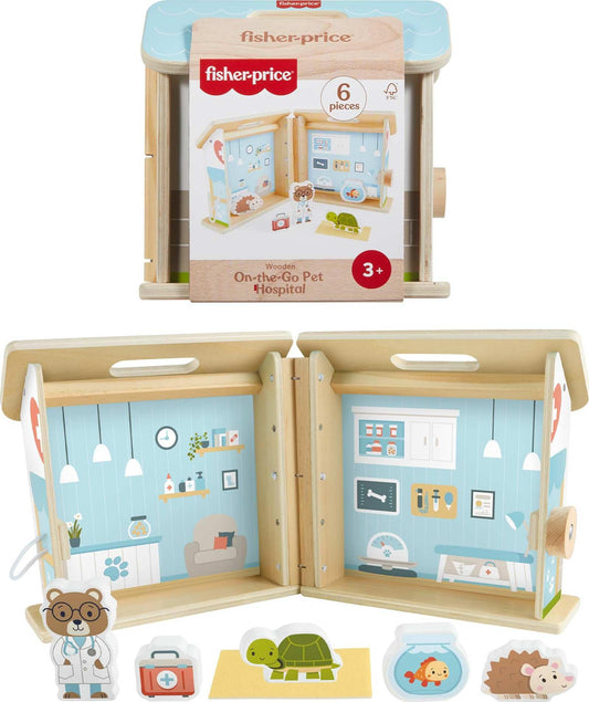 Fisher-Price Wood Pretend Play Toy Pet Hospital Set, 6-Piece Wooden Animal Playset for Travel Preschool Kids Ages 3+ Years, JFG07