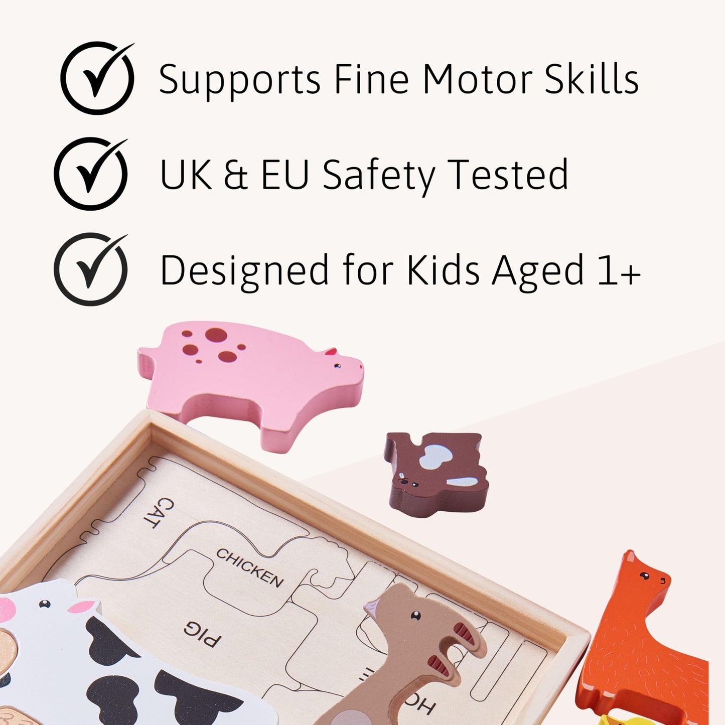 Wooden farm animal toys for toddlers, including a cow, pig, and sheep, from Jaques of London Montessori farm puzzle set.