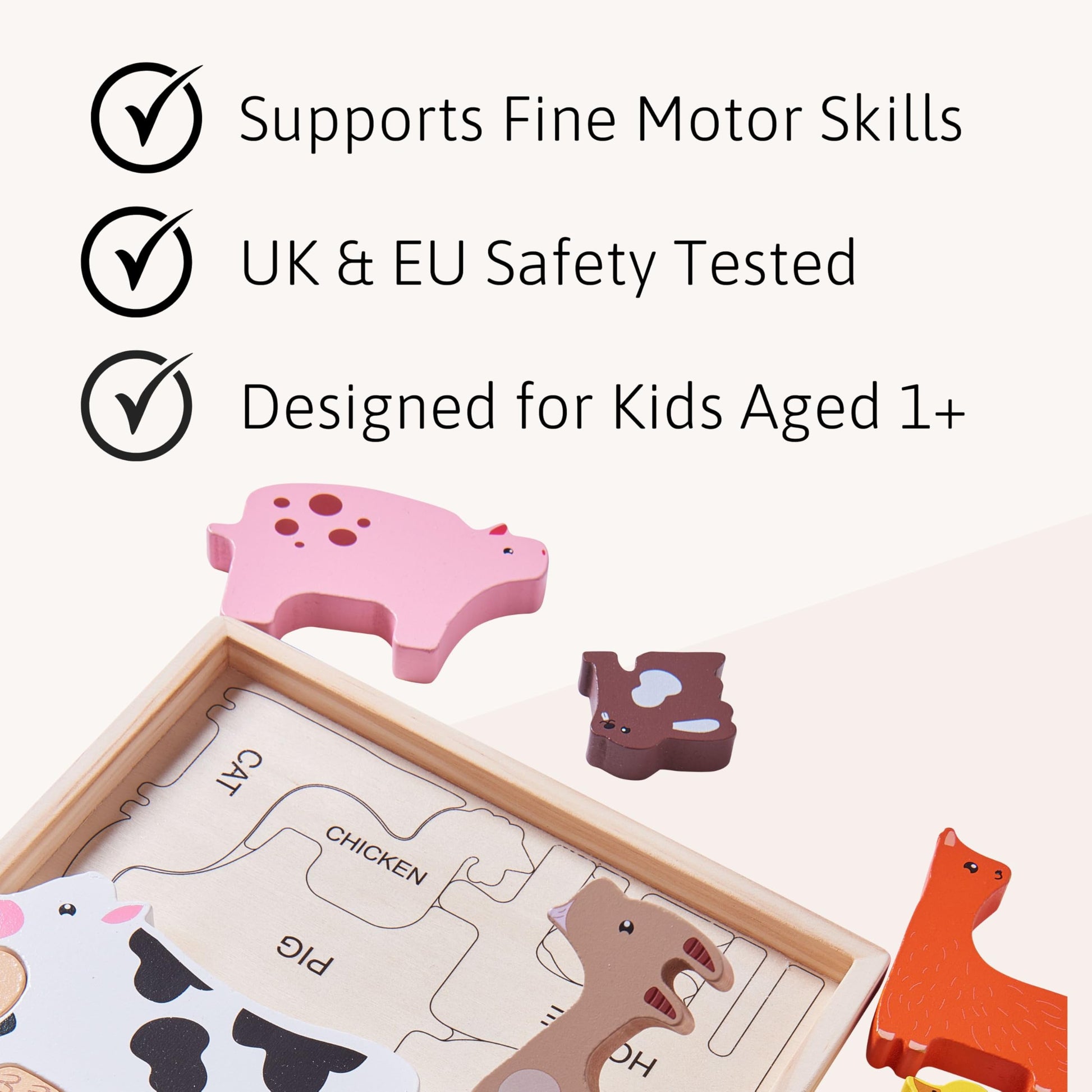Wooden farm animal toys for toddlers, including a cow, pig, and sheep, from Jaques of London Montessori farm puzzle set.