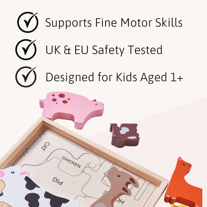 Wooden farm animal toys for toddlers, including a cow, pig, and sheep, from Jaques of London Montessori farm puzzle set.